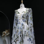 Luxury White Embroidery Long Sleeve Boho Train Wedding Dress SW641