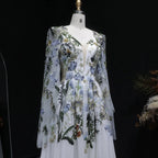 Luxury White Embroidery Long Sleeve Boho Train Wedding Dress SW641