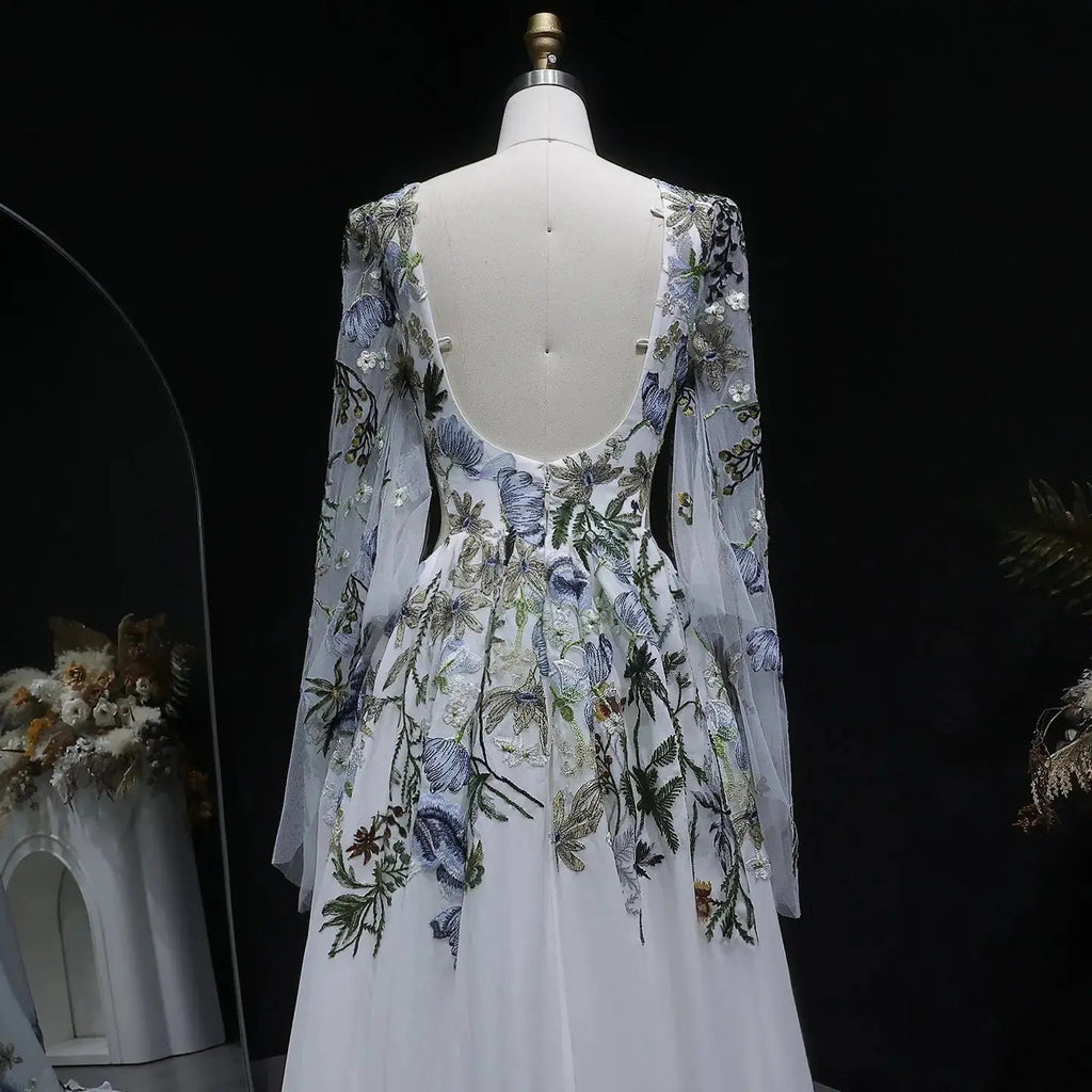 Luxury White Embroidery Long Sleeve Boho Train Wedding Dress SW641