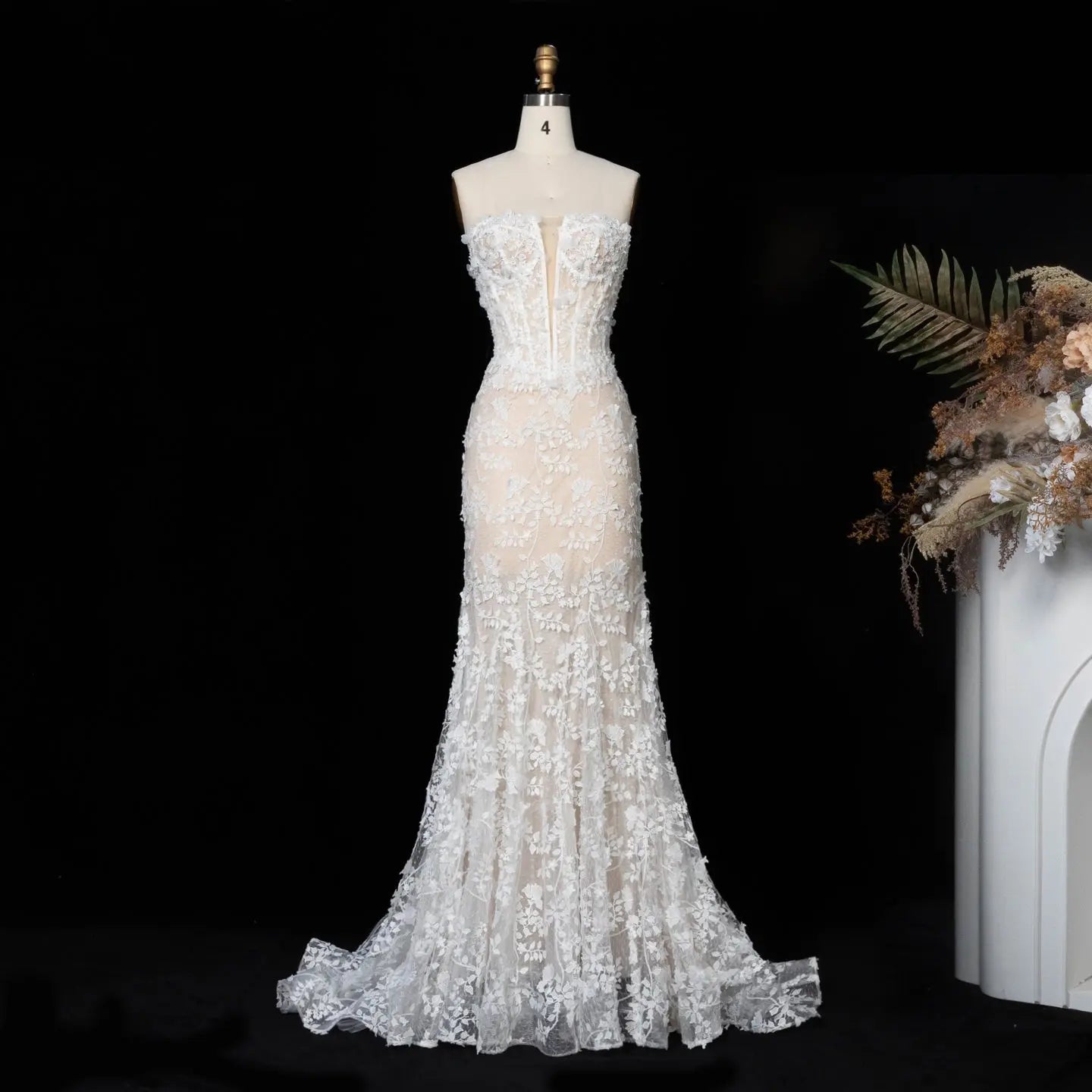 White Nude Lace Fairytale  Mermaid Wedding Dress 3D Floral  Train  SW649