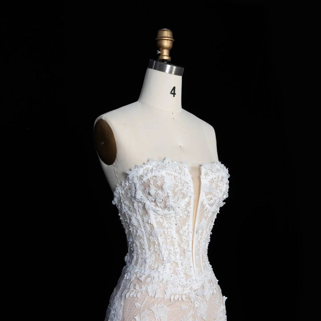 White Nude Lace Fairytale  Mermaid Wedding Dress 3D Floral  Train  SW649