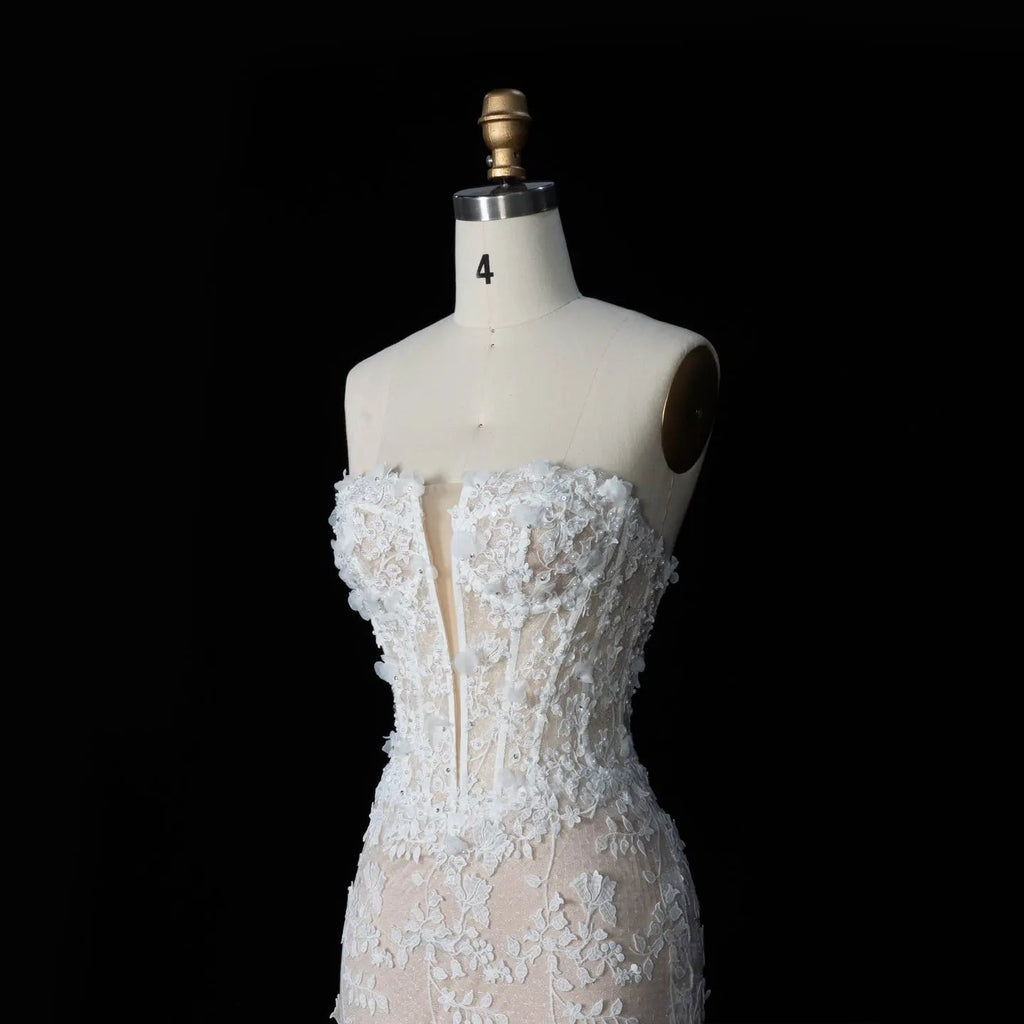 White Nude Lace Fairytale  Mermaid Wedding Dress 3D Floral  Train  SW649