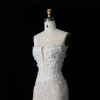 White Nude Lace Fairytale  Mermaid Wedding Dress 3D Floral  Train  SW649