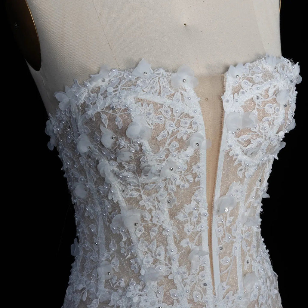 White Nude Lace Fairytale  Mermaid Wedding Dress 3D Floral  Train  SW649