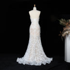 White Nude Lace Fairytale  Mermaid Wedding Dress 3D Floral  Train  SW649