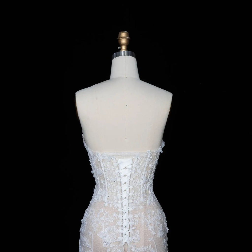 White Nude Lace Fairytale  Mermaid Wedding Dress 3D Floral  Train  SW649
