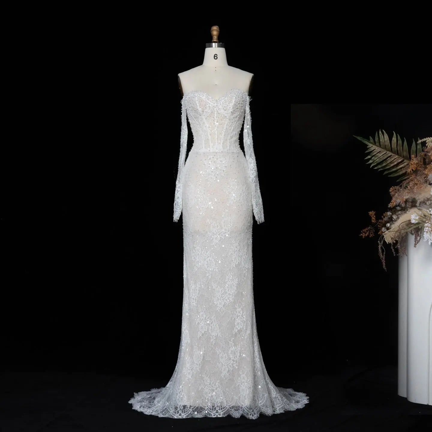White Boho Romantic Lace Mermaid Wedding Dress Beaded Sequins With Lace Train SW627