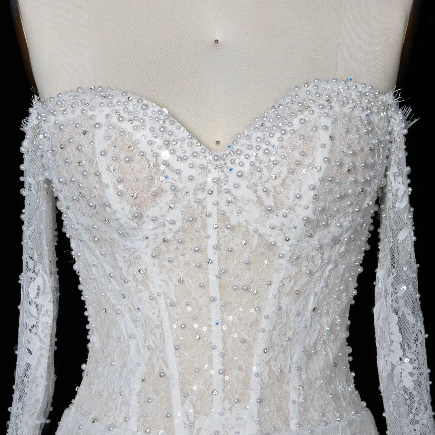 White Boho Romantic Lace Mermaid Wedding Dress Beaded Sequins With Lace Train SW627