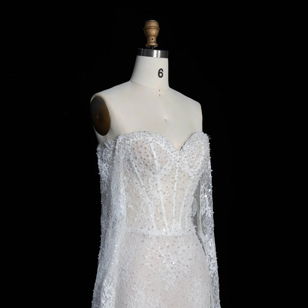 White Boho Romantic Lace Mermaid Wedding Dress Beaded Sequins With Lace Train SW627