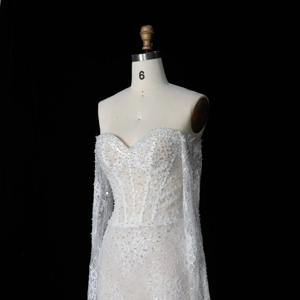 White Boho Romantic Lace Mermaid Wedding Dress Beaded Sequins With Lace Train SW627