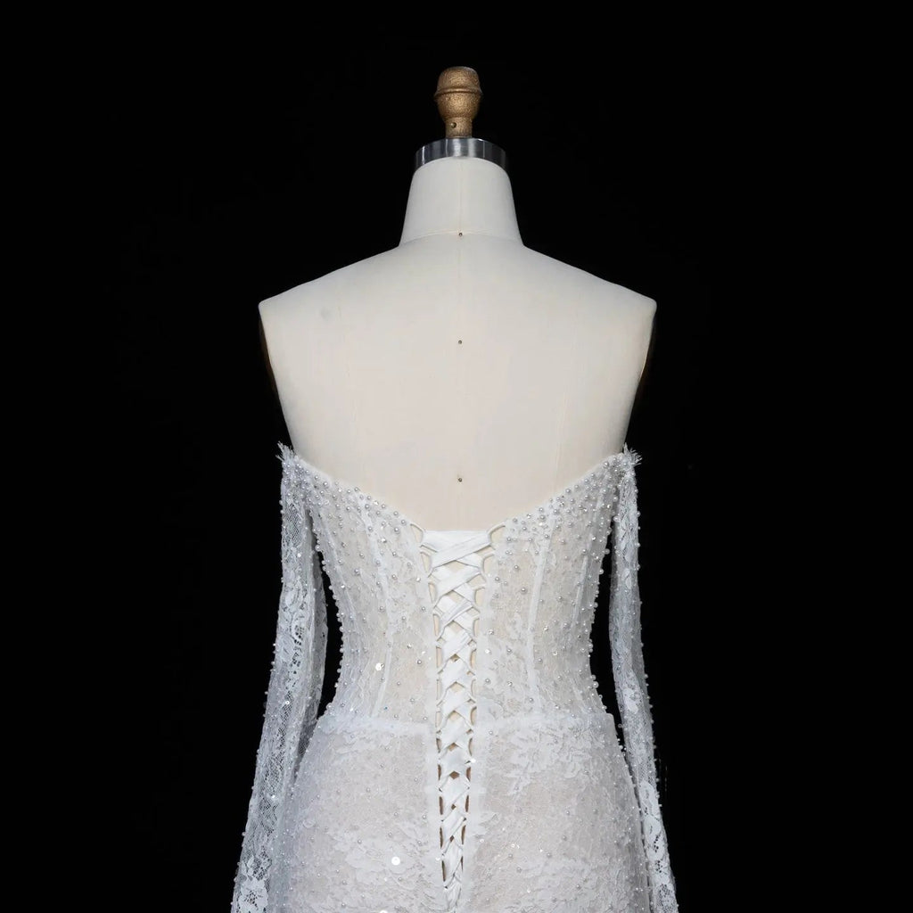White Boho Romantic Lace Mermaid Wedding Dress Beaded Sequins With Lace Train SW627