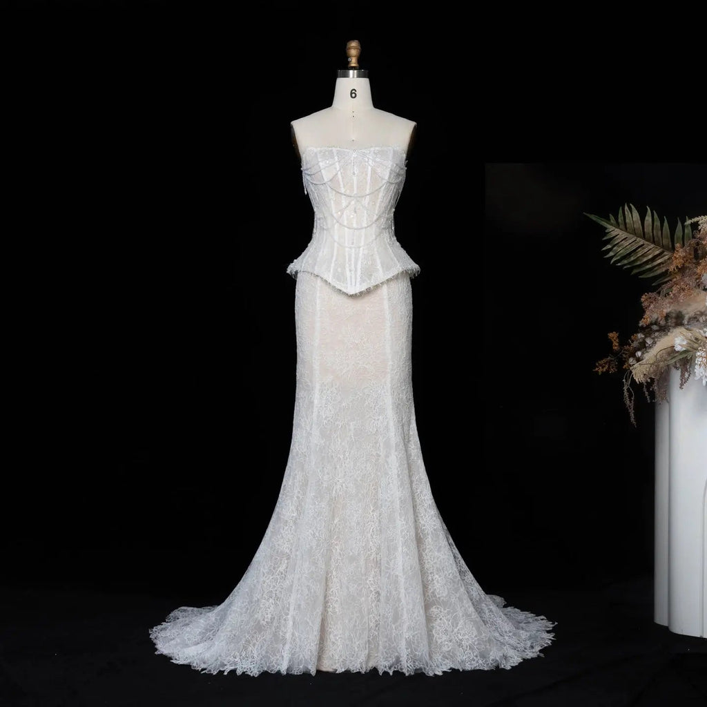 White Nude  Mermaid Wedding Dress Beaded Chain Detailing With Lace Train  SW626