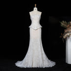White Nude  Mermaid Wedding Dress Beaded Chain Detailing With Lace Train  SW626