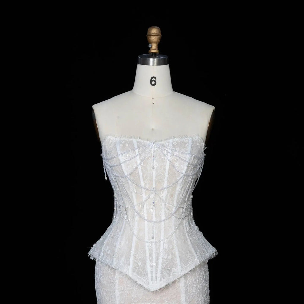 White Nude  Mermaid Wedding Dress Beaded Chain Detailing With Lace Train  SW626