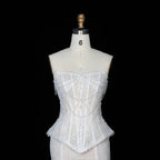 White Nude  Mermaid Wedding Dress Beaded Chain Detailing With Lace Train  SW626