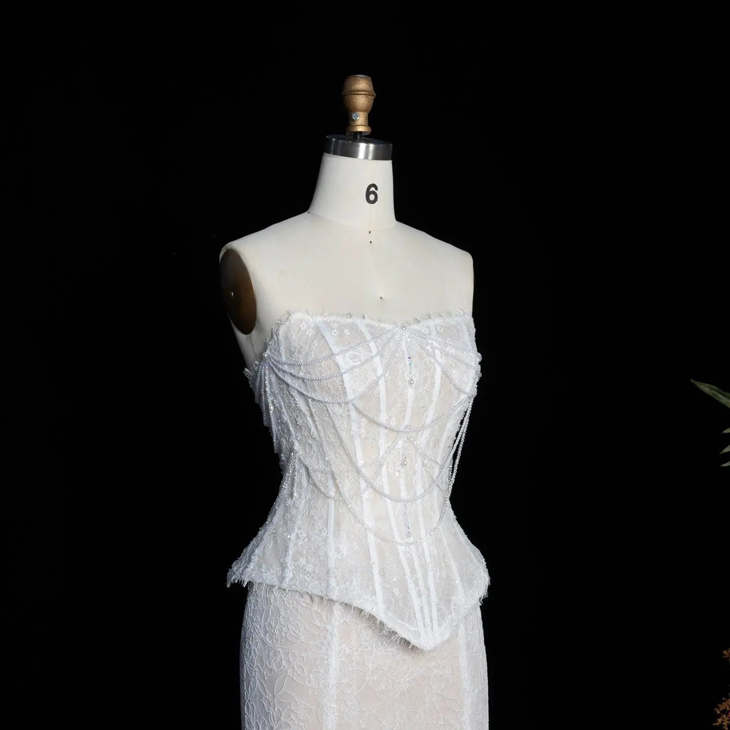 White Nude  Mermaid Wedding Dress Beaded Chain Detailing With Lace Train  SW626