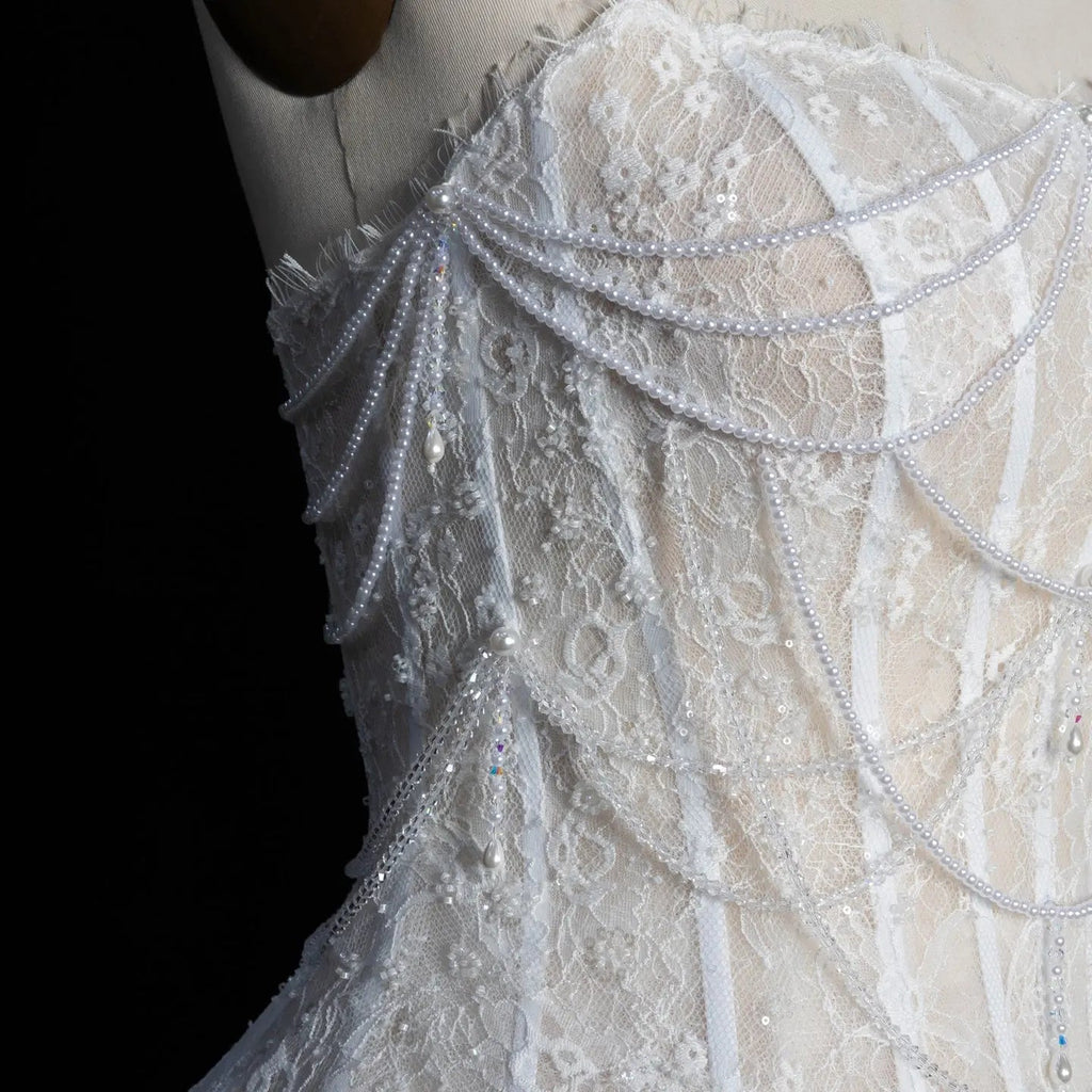 White Nude  Mermaid Wedding Dress Beaded Chain Detailing With Lace Train  SW626