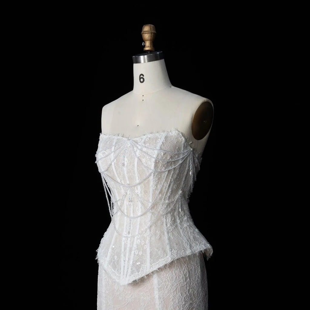 White Nude  Mermaid Wedding Dress Beaded Chain Detailing With Lace Train  SW626
