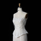 White Nude  Mermaid Wedding Dress Beaded Chain Detailing With Lace Train  SW626