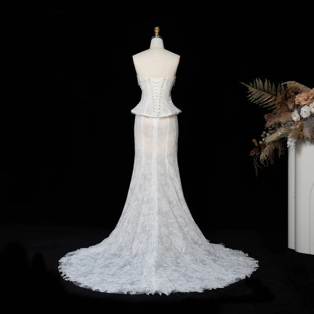 White Nude  Mermaid Wedding Dress Beaded Chain Detailing With Lace Train  SW626