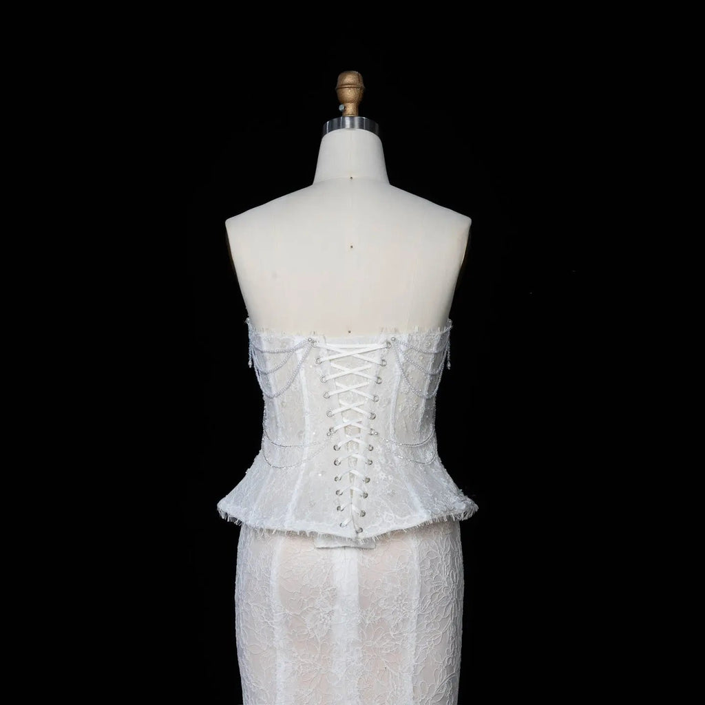 White Nude  Mermaid Wedding Dress Beaded Chain Detailing With Lace Train  SW626