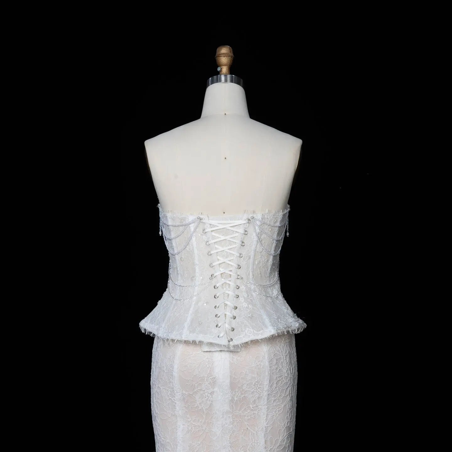 White Nude  Mermaid Wedding Dress Beaded Chain Detailing With Lace Train  SW626