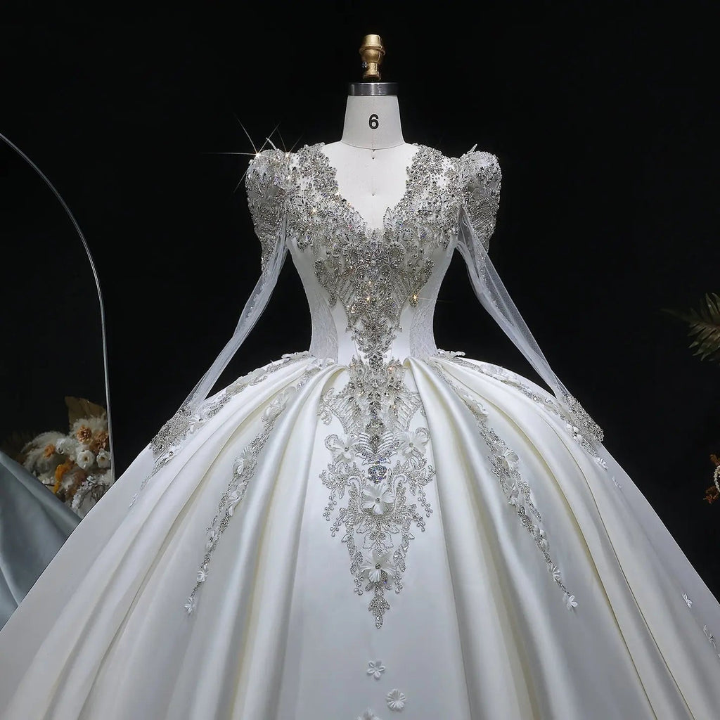 Luxury Satin 3D Floral Long Sleeve Embroidered Wedding Dress SW601