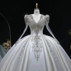Luxury Satin 3D Floral Long Sleeve Embroidered Wedding Dress SW601