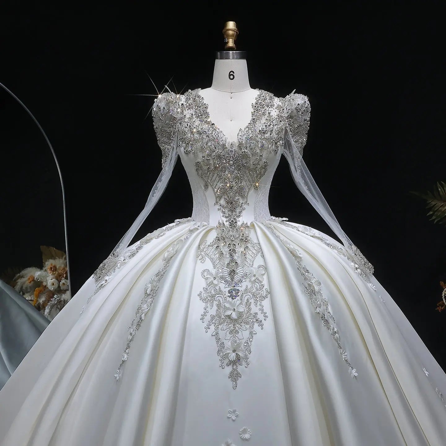 Luxury Satin 3D Floral Long Sleeve Embroidered Wedding Dress SW601