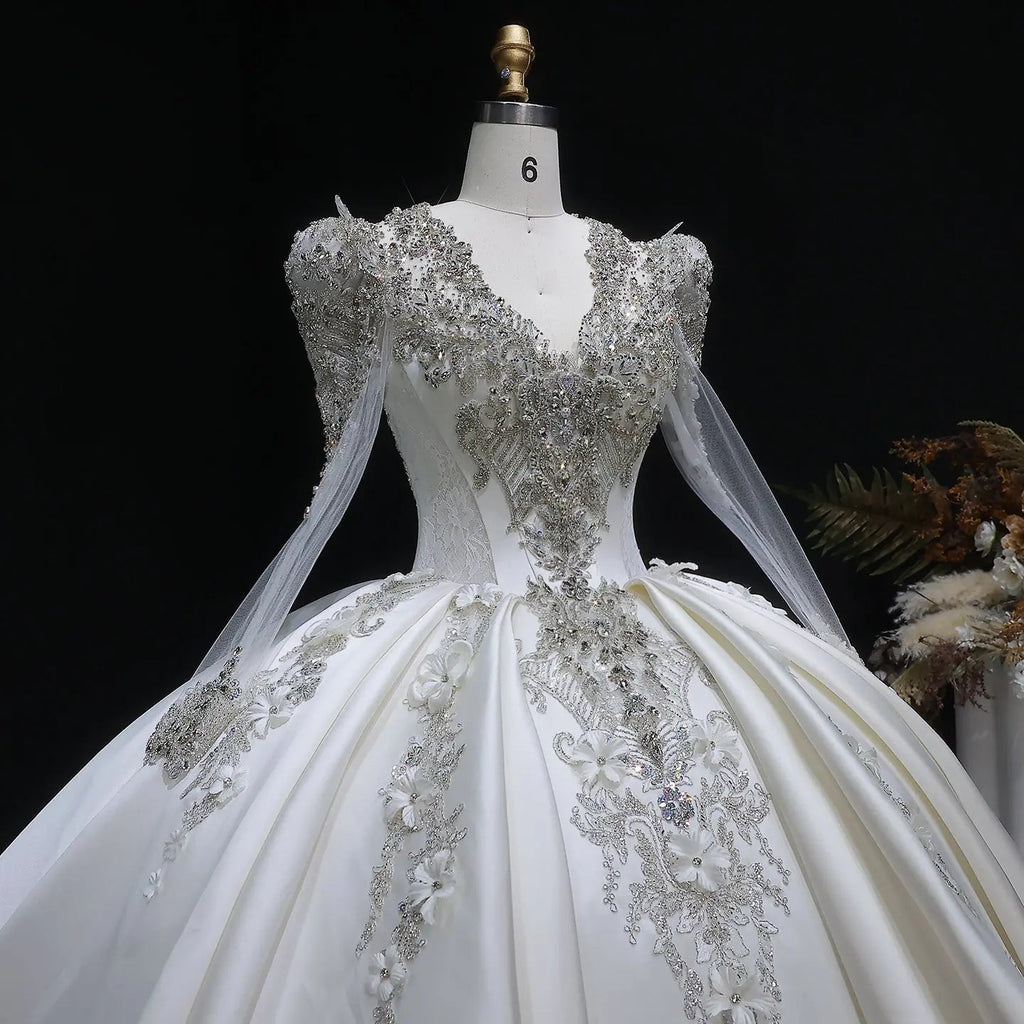 Luxury Satin 3D Floral Long Sleeve Embroidered Wedding Dress SW601