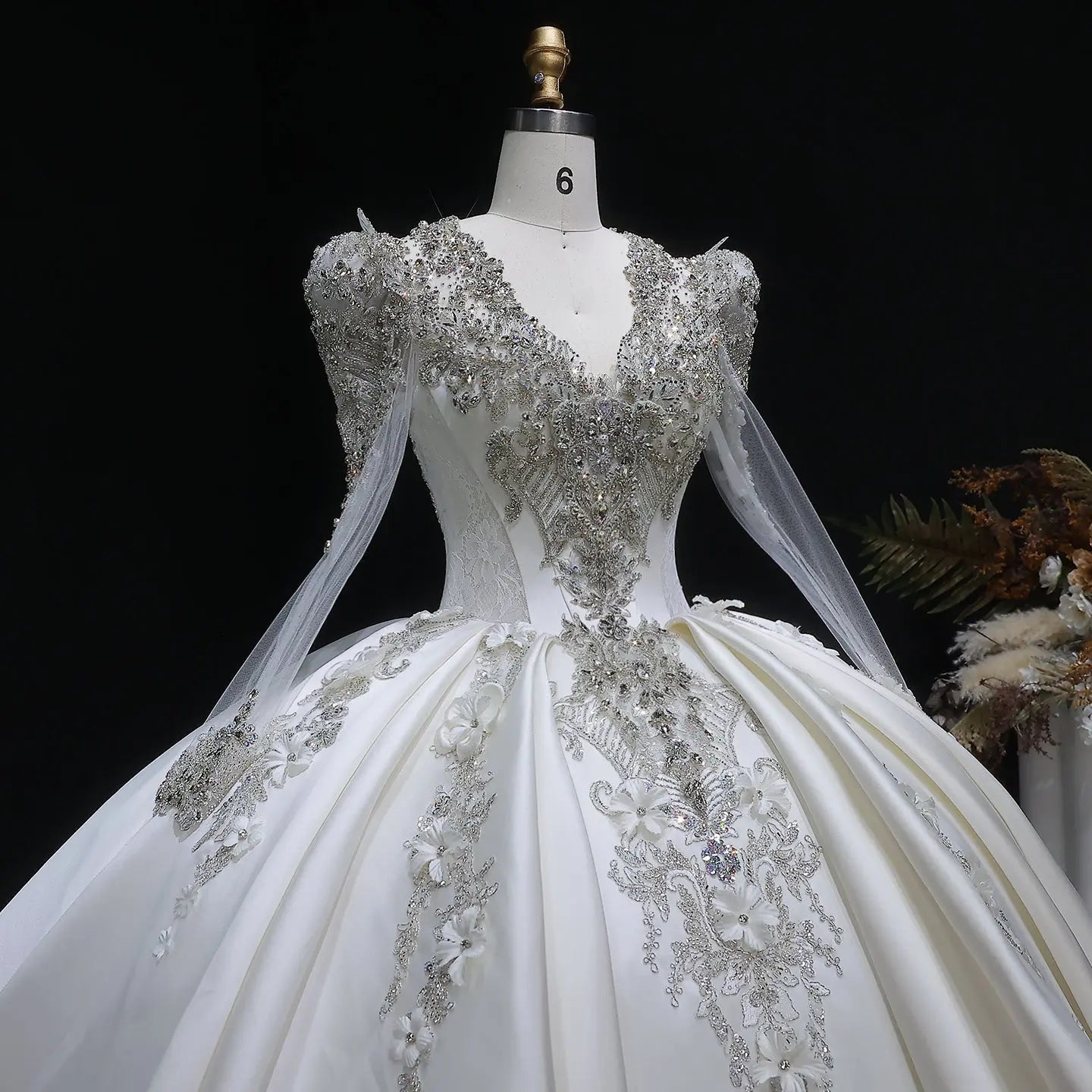 Luxury Satin 3D Floral Long Sleeve Embroidered Wedding Dress SW601