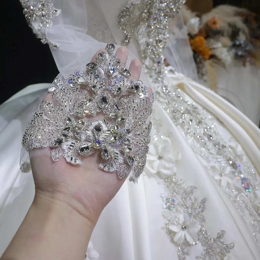 Luxury Satin 3D Floral Long Sleeve Embroidered Wedding Dress SW601