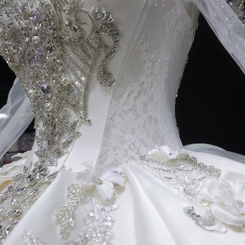 Luxury Satin 3D Floral Long Sleeve Embroidered Wedding Dress SW601