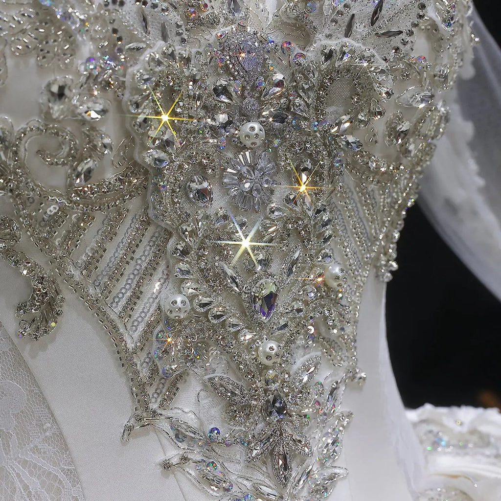 Luxury Satin 3D Floral Long Sleeve Embroidered Wedding Dress SW601
