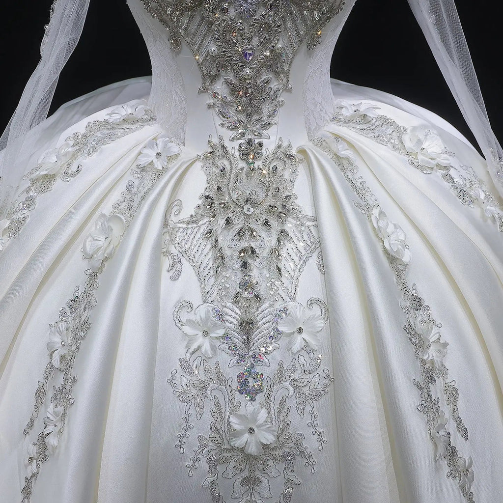 Luxury Satin 3D Floral Long Sleeve Embroidered Wedding Dress SW601
