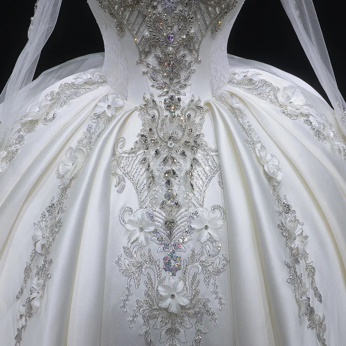 Luxury Satin 3D Floral Long Sleeve Embroidered Wedding Dress SW601