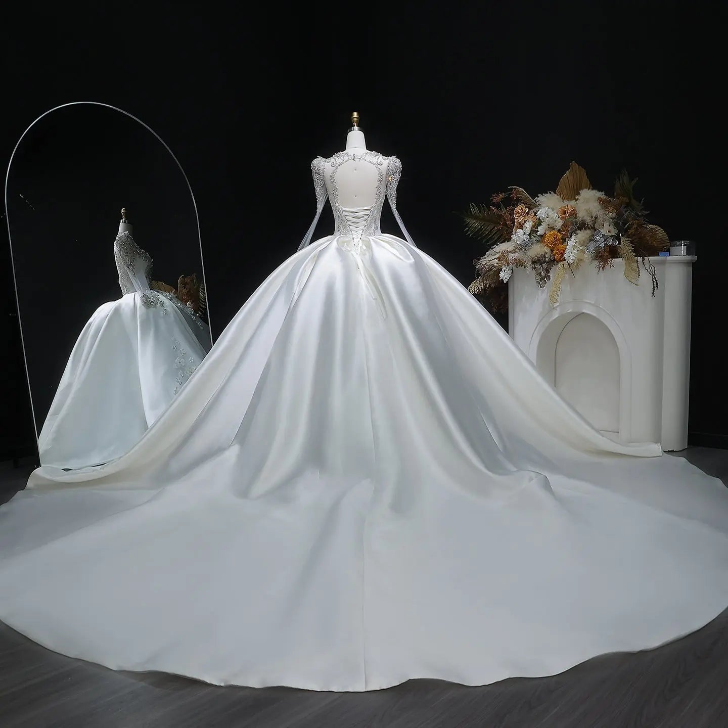 Luxury Satin 3D Floral Long Sleeve Embroidered Wedding Dress SW601