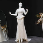 Luxury Ivory Off-the-Shoulder Lace Corset Tulle Train Wedding Dress SW126