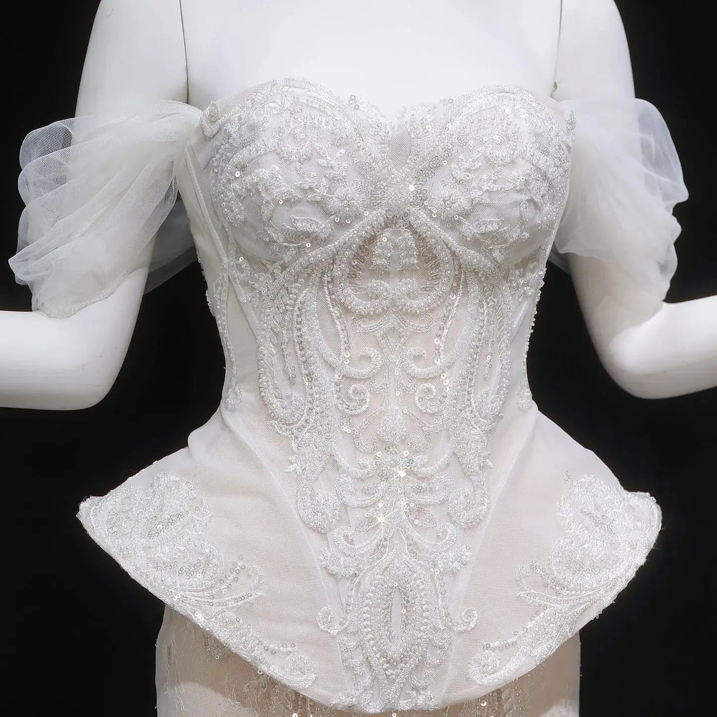 Luxury Ivory Off-the-Shoulder Lace Corset Tulle Train Wedding Dress SW126