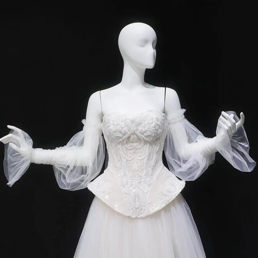 Luxury Ivory Off-the-Shoulder Lace Corset Tulle Train Wedding Dress SW126