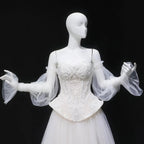 Luxury Ivory Off-the-Shoulder Lace Corset Tulle Train Wedding Dress SW126