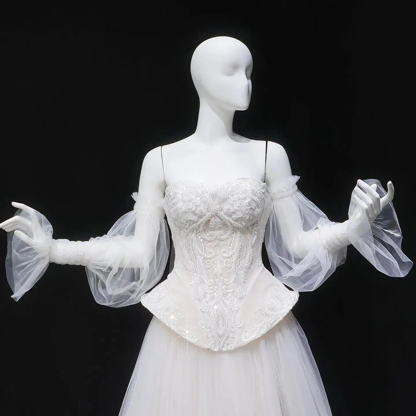 Luxury Ivory Off-the-Shoulder Lace Corset Tulle Train Wedding Dress SW126