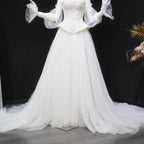Luxury Ivory Off-the-Shoulder Lace Corset Tulle Train Wedding Dress SW126