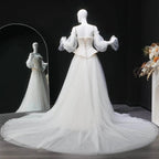 Luxury Ivory Off-the-Shoulder Lace Corset Tulle Train Wedding Dress SW126
