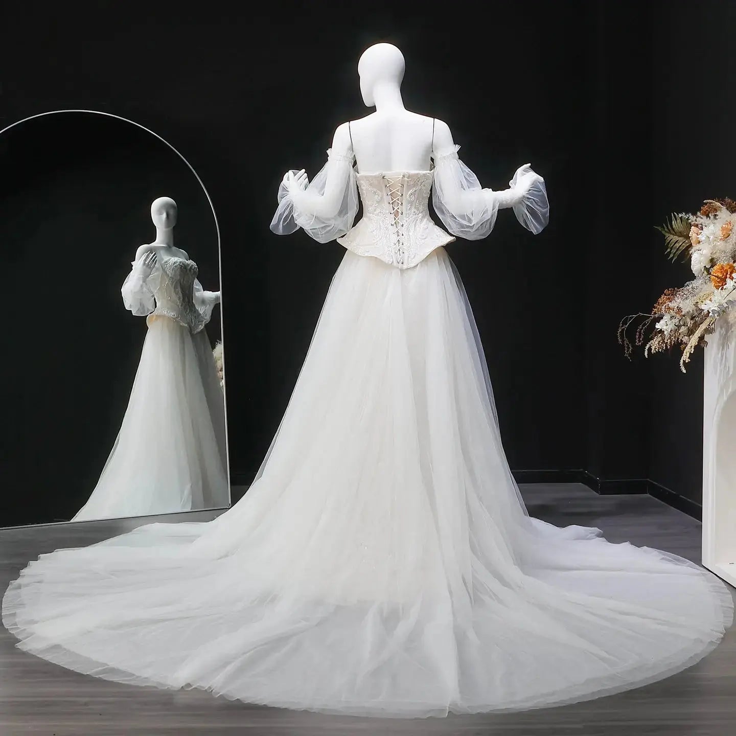 Luxury Ivory Off-the-Shoulder Lace Corset Tulle Train Wedding Dress SW126