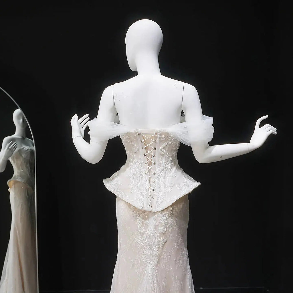 Luxury Ivory Off-the-Shoulder Lace Corset Tulle Train Wedding Dress SW126