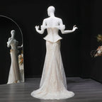 Luxury Ivory Off-the-Shoulder Lace Corset Tulle Train Wedding Dress SW126