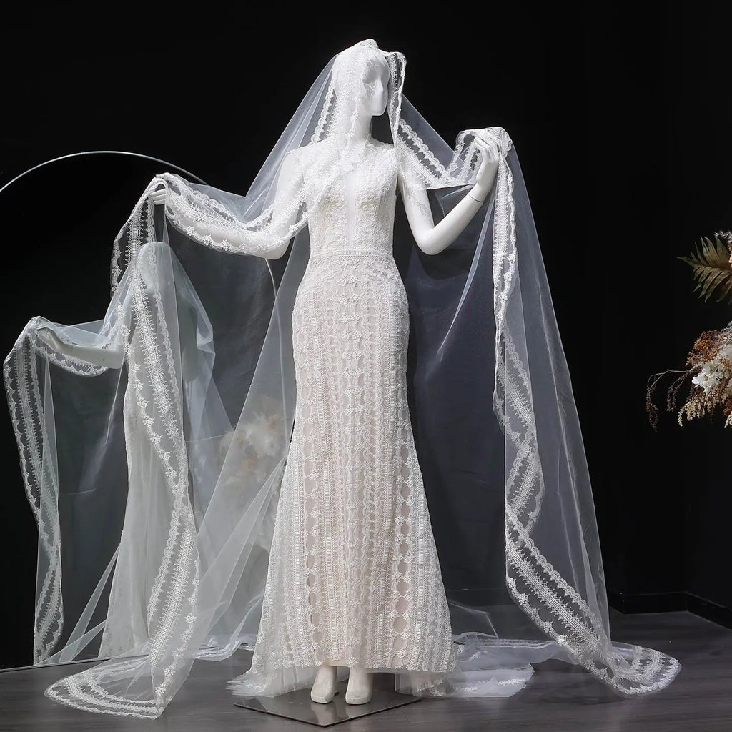 Elegant Ivory High Neck Sheer Lace Long Sleeves Mermaid Wedding Dress with Veil SW662