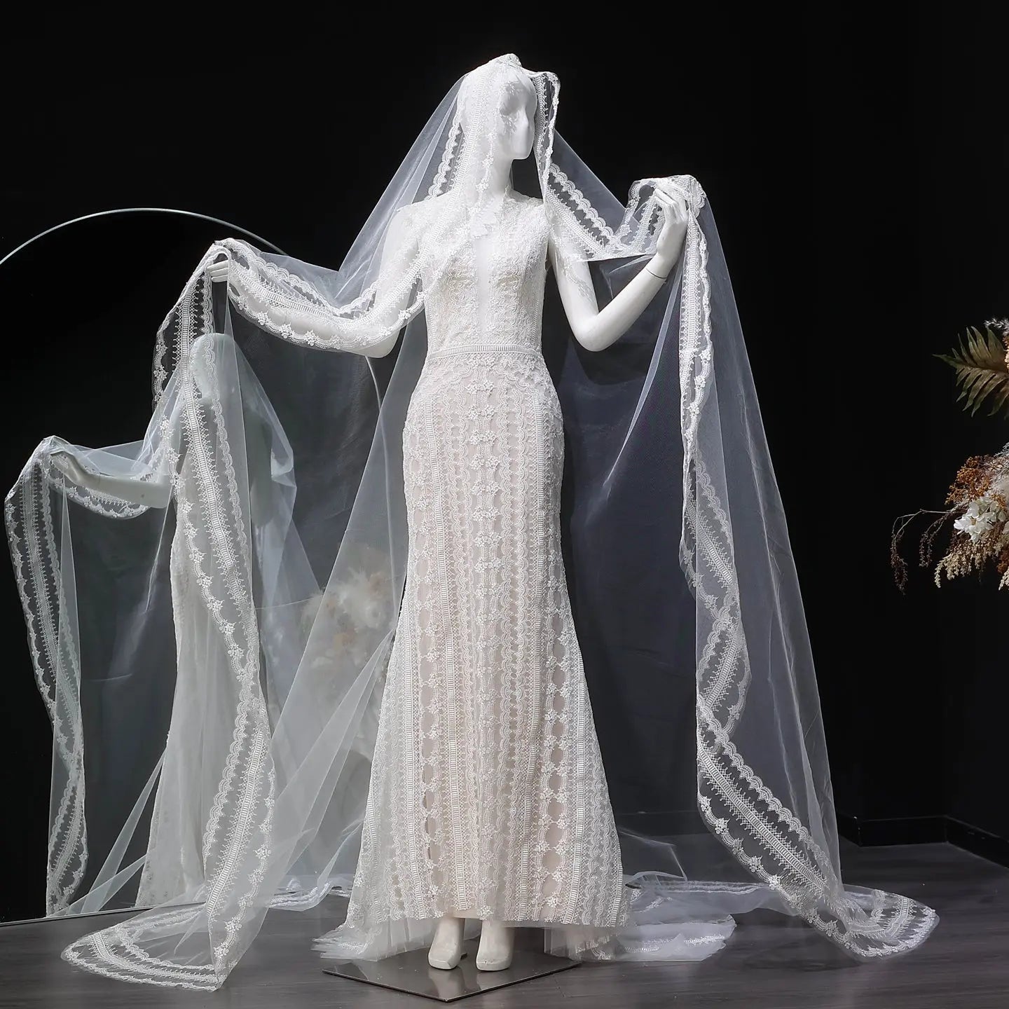 Elegant Ivory High Neck Sheer Lace Long Sleeves Mermaid Wedding Dress with Veil SW662