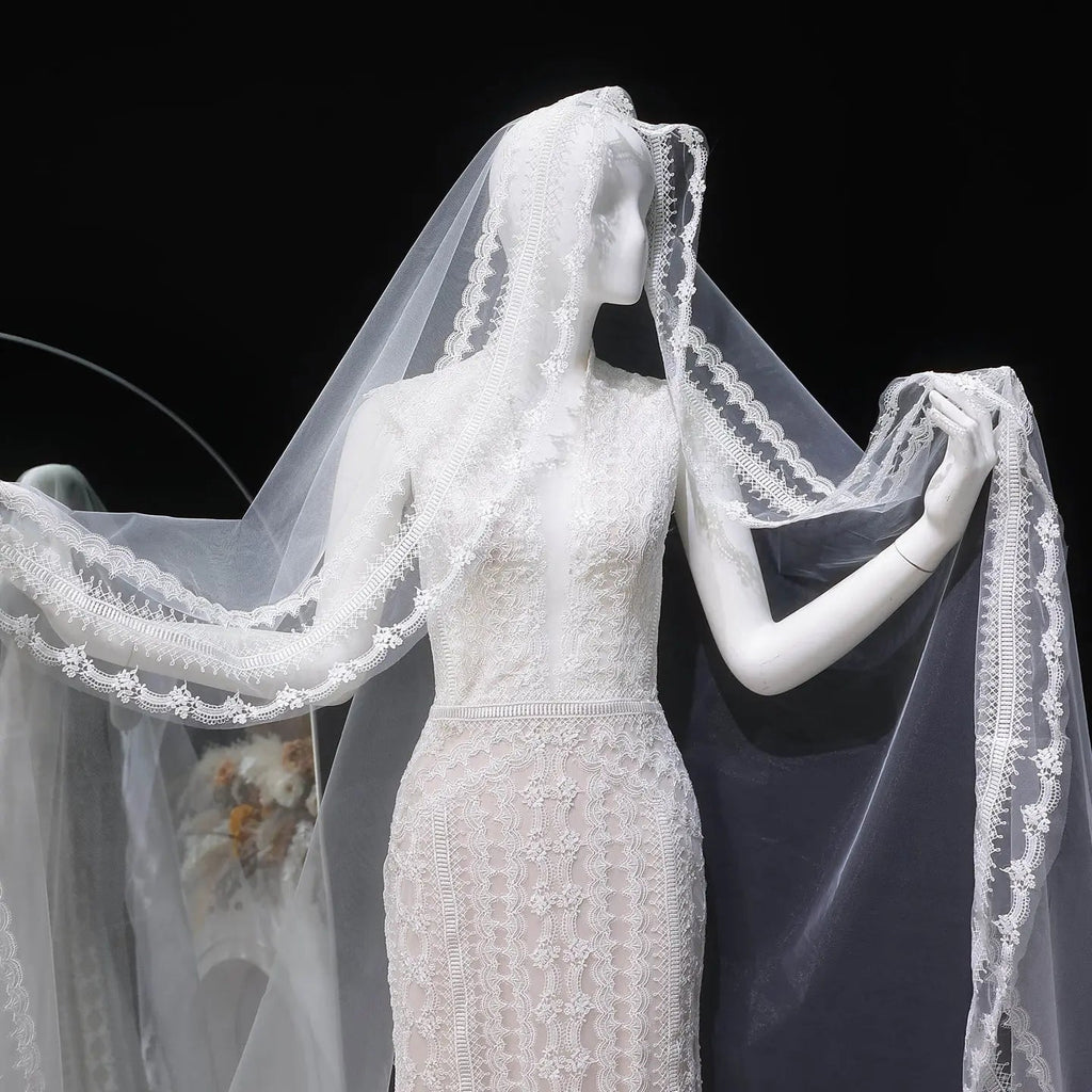 Elegant Ivory High Neck Sheer Lace Long Sleeves Mermaid Wedding Dress with Veil SW662